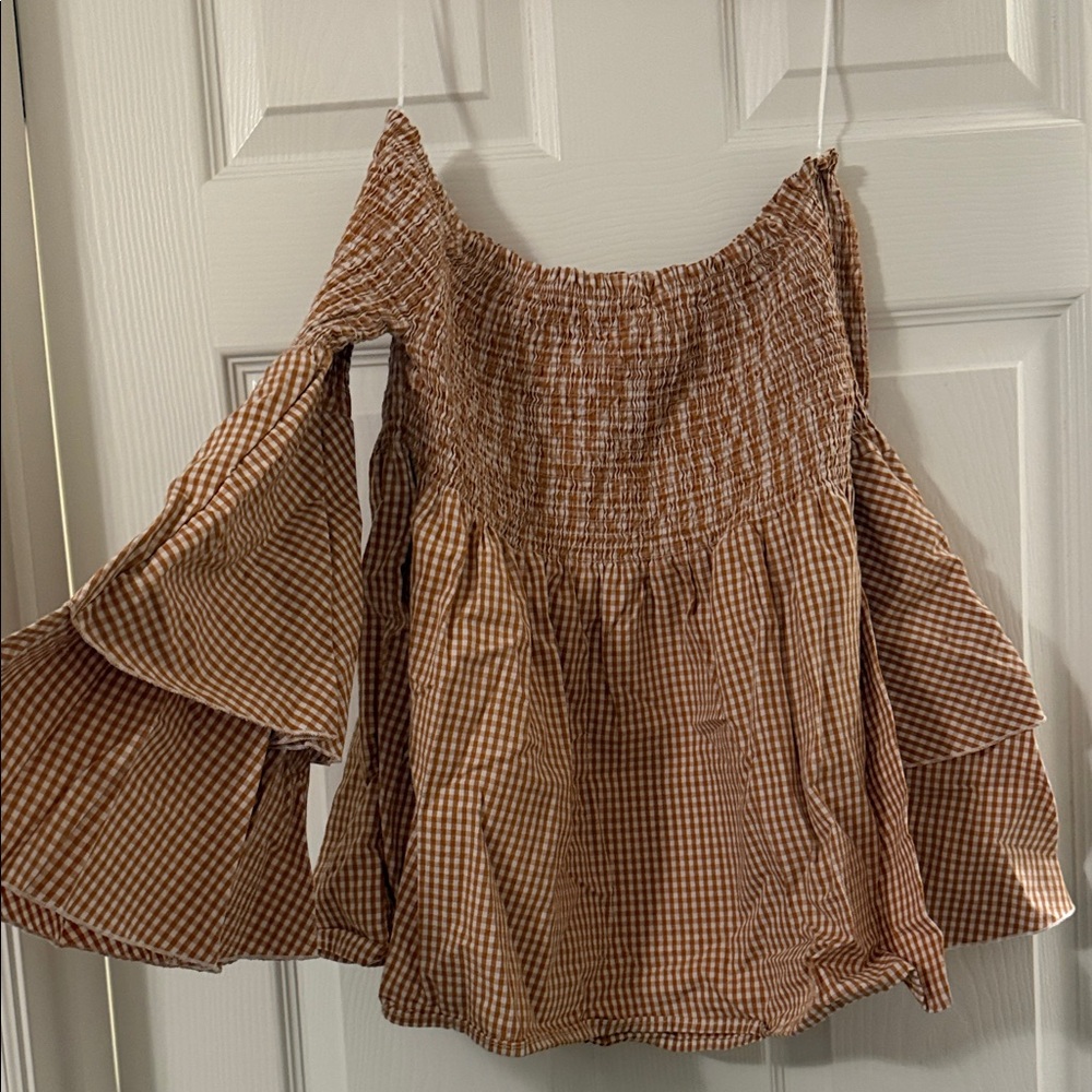 Elegant Brown Checkered Off-Shoulder Blouse